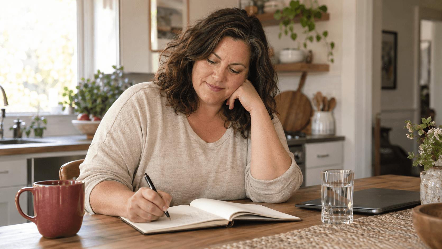 An adult reviews health notes at a kitchen table.